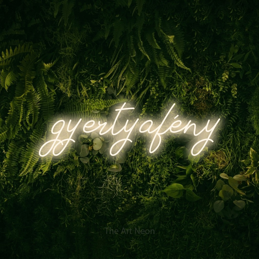 LED neon sign reading “gyertyafény”, arranged in a single line.