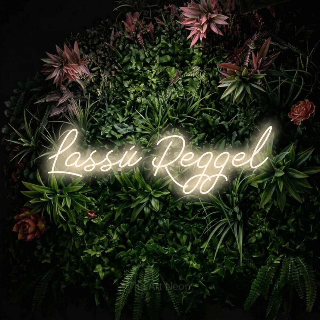 LED neon sign reading “Lassú Reggel”, arranged in a single line.