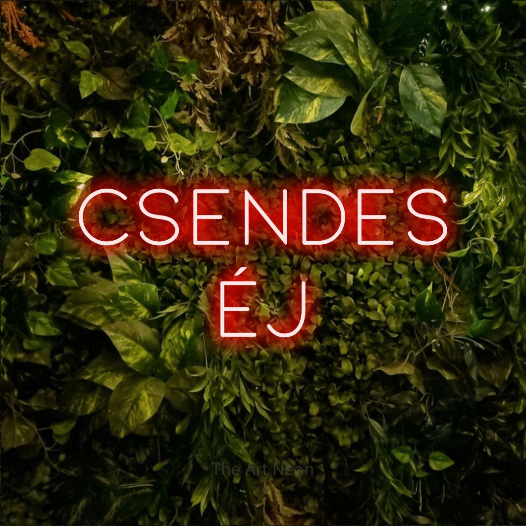 LED neon sign reading “csendes éj”, arranged in two lines.