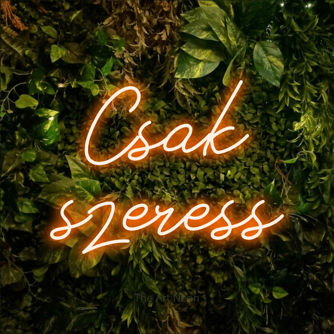 LED neon sign reading “Csak szeress”, arranged in two lines.