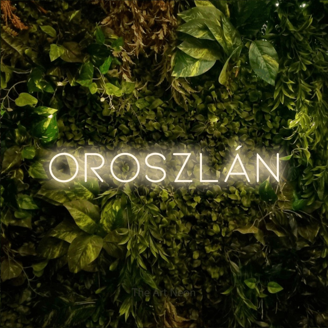 LED neon sign reading “oroszlán”, arranged in a single line.