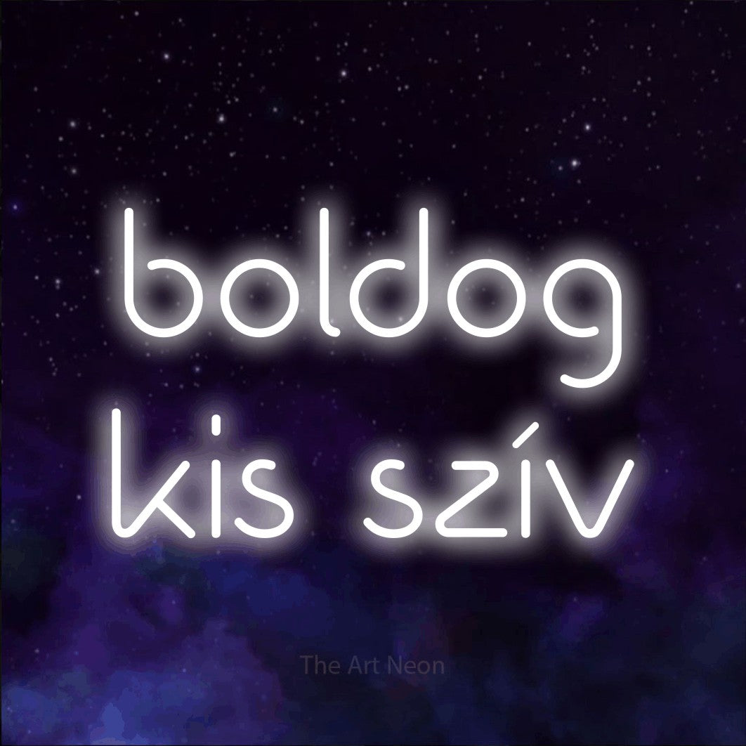 LED neon sign reading “boldog kis szív”, arranged in two lines.
