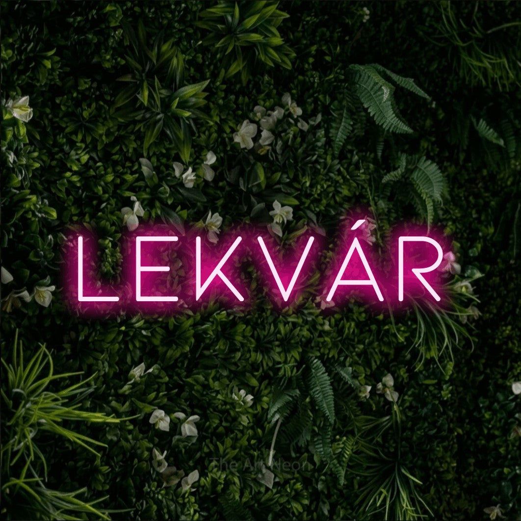 LED neon sign reading “lekvár”, arranged in a single line.