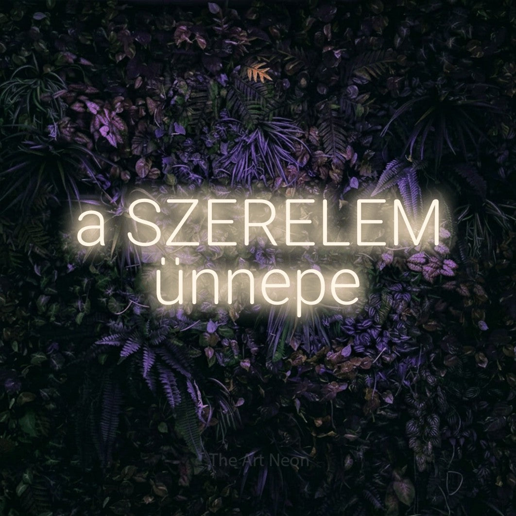 LED neon sign reading “a SZERELEM ünnepe”, arranged in two lines.