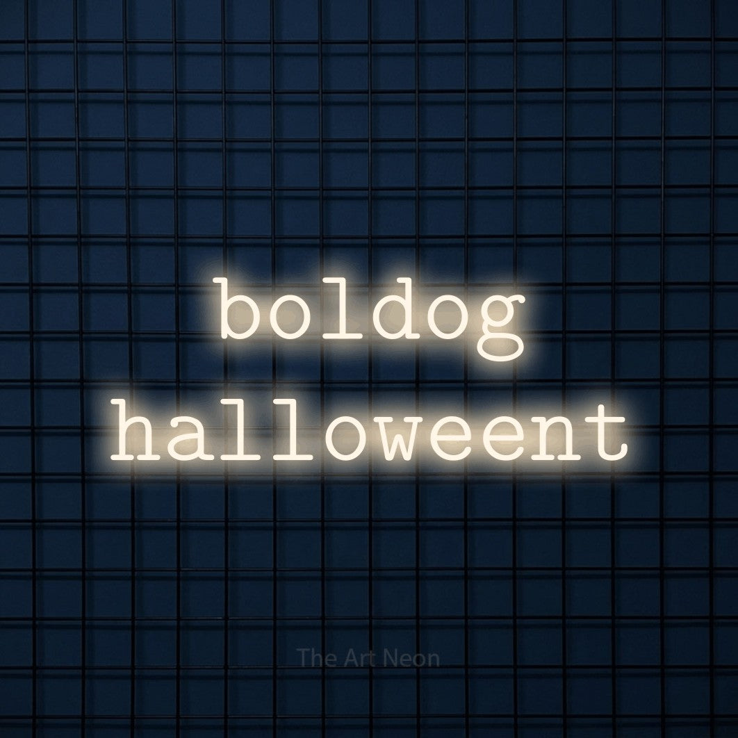LED neon sign reading “boldog halloweent”, arranged in two lines.