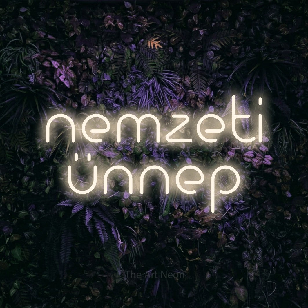 LED neon sign reading “nemzeti ünnep”, arranged in two lines.