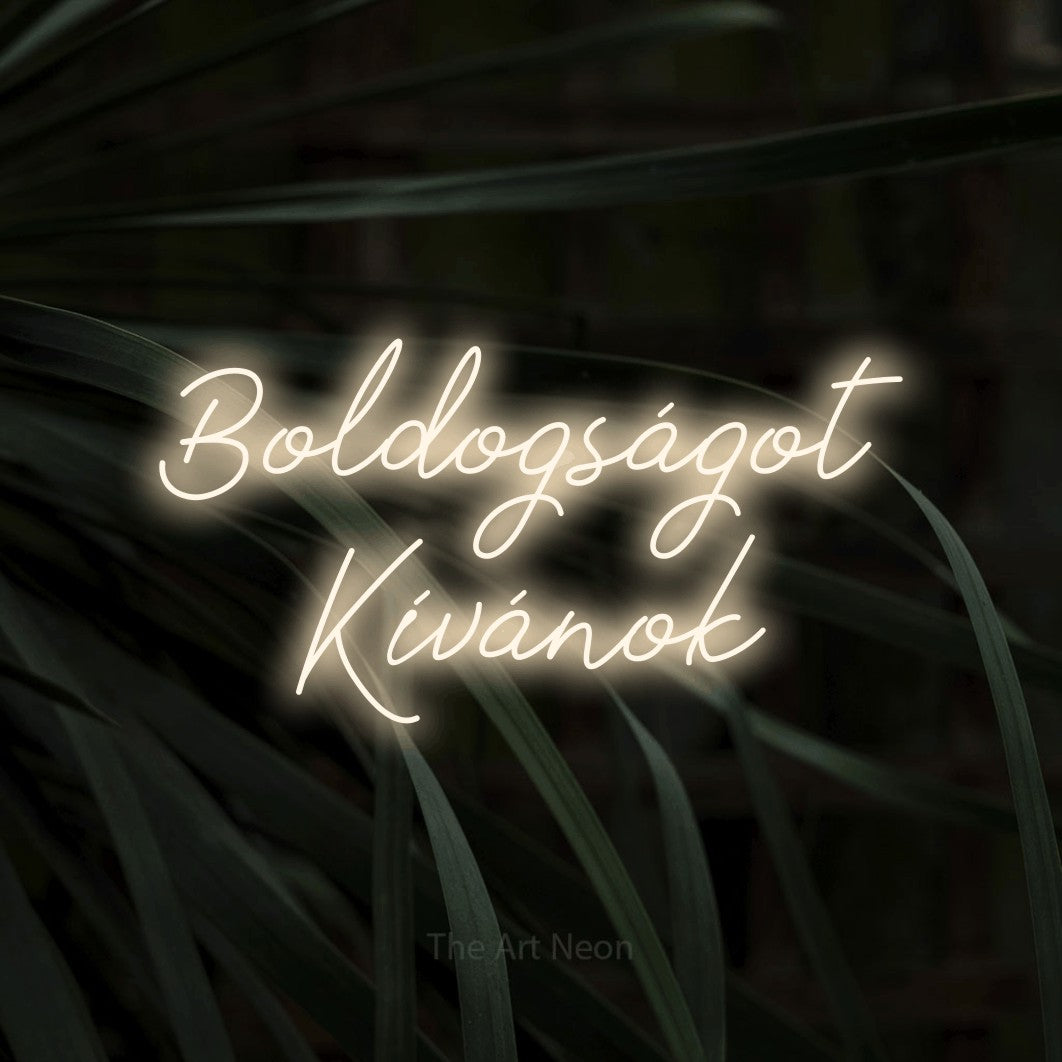 LED neon sign reading “Boldogságot Kívánok”, arranged in two lines.