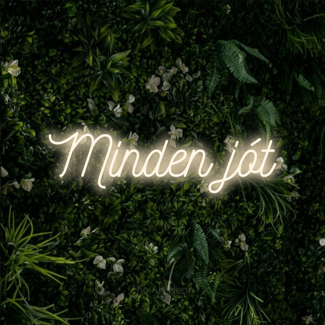 LED neon sign reading “Minden jót”, arranged in a single line.