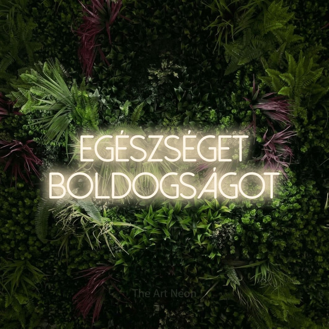 LED neon sign reading “egészséget boldogságot”, arranged in two lines.