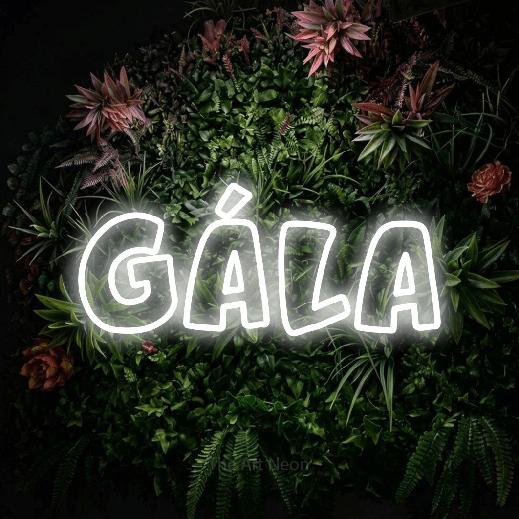 LED neon sign reading “gála”, arranged in a single line.