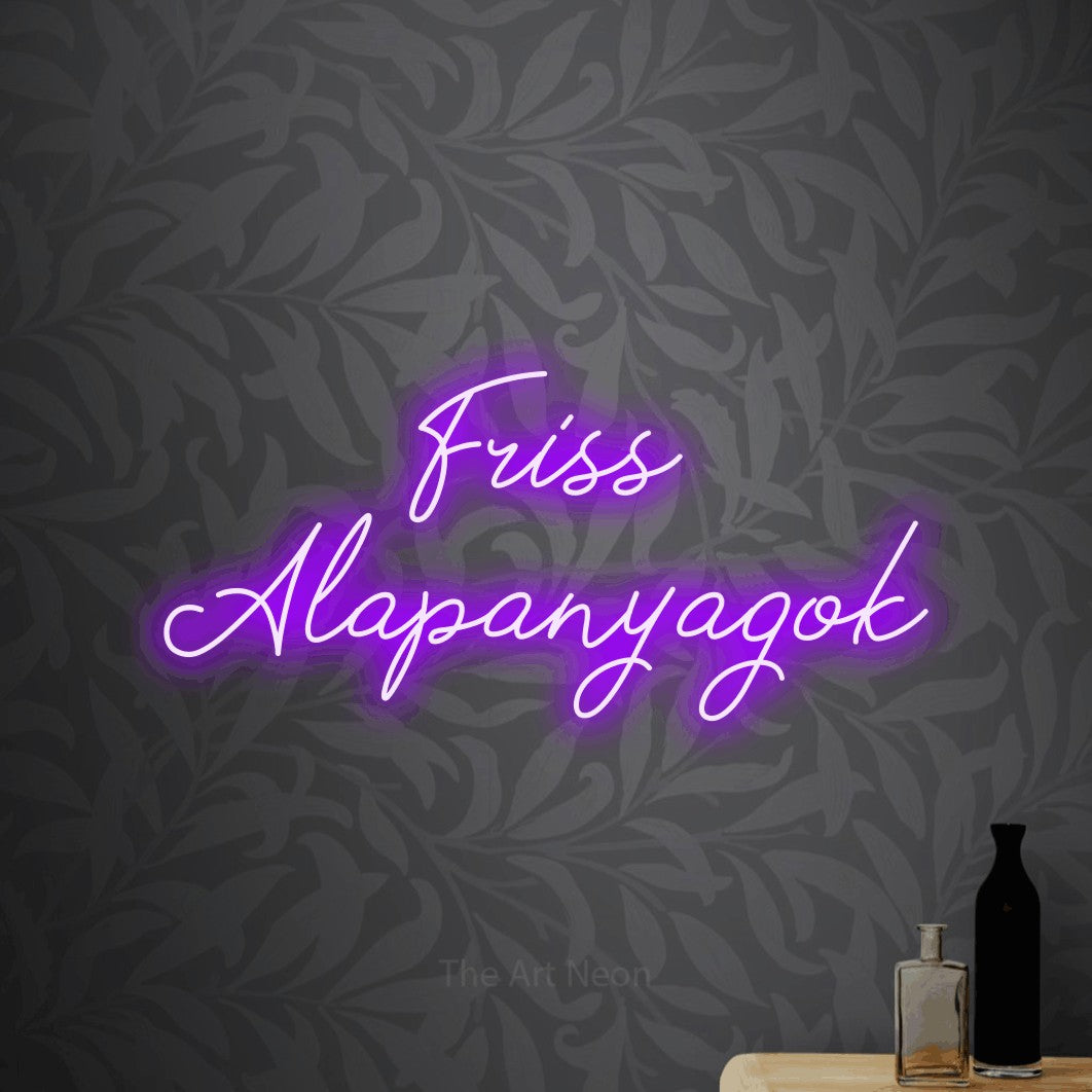 LED neon sign reading “Friss Alapanyagok”, arranged in two lines.