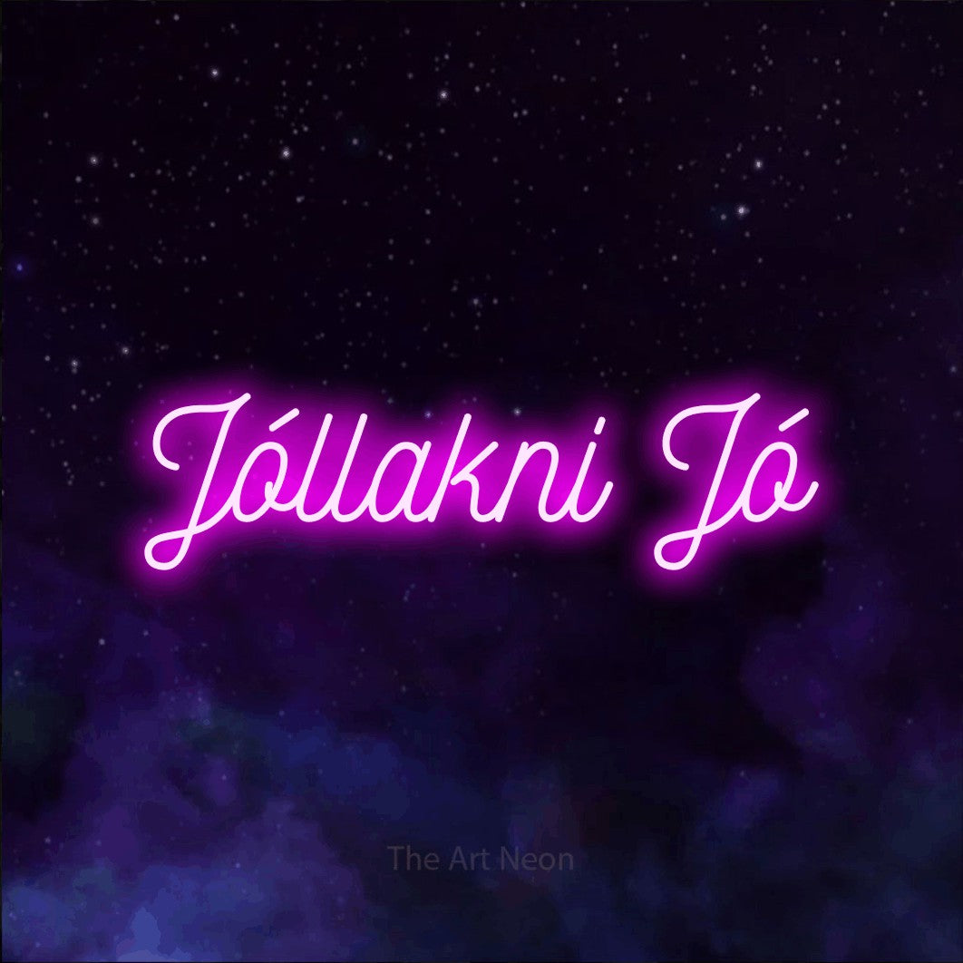 LED neon sign reading “Jóllakni Jó”, arranged in a single line.