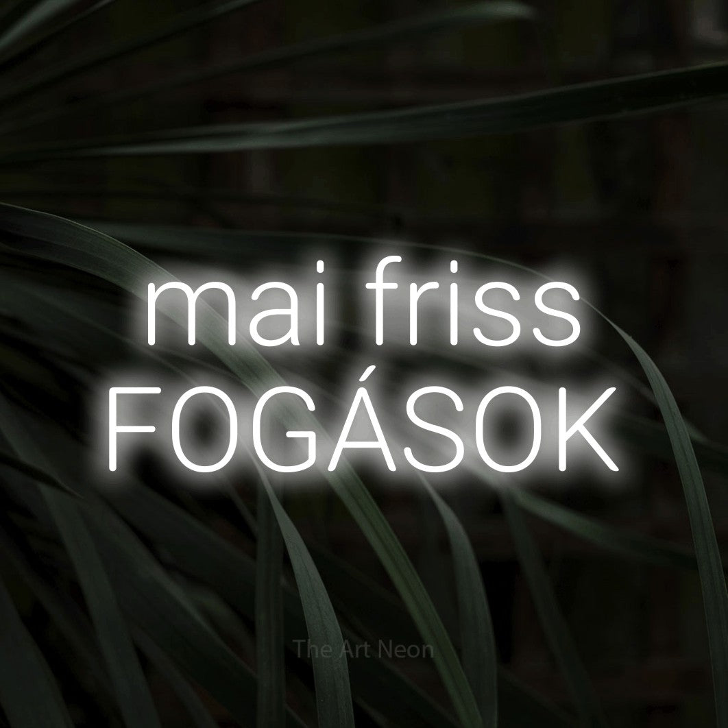LED neon sign reading “mai friss FOGÁSOK”, arranged in two lines.