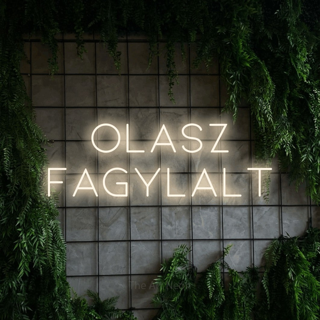 LED neon sign reading “olasz FAGYLALT”, arranged in two lines.
