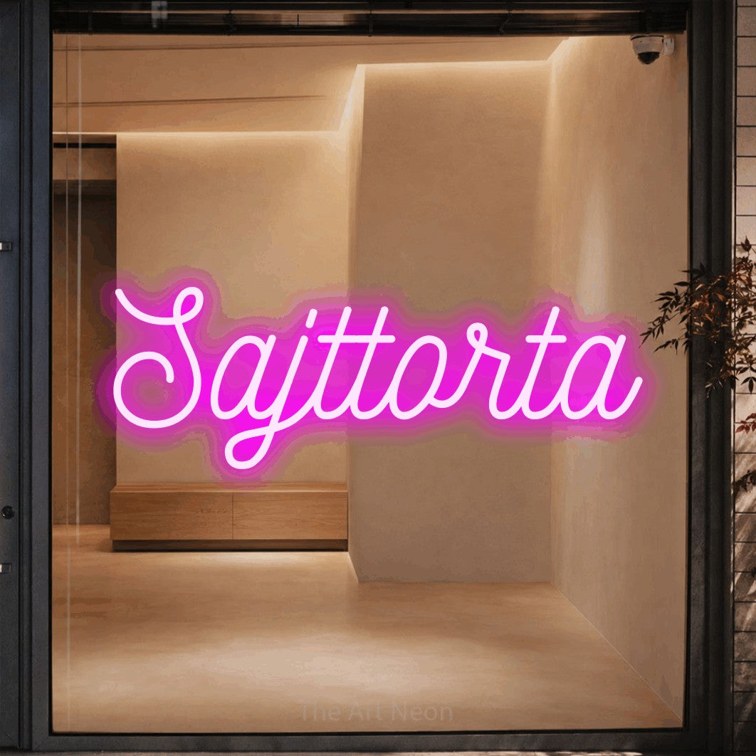 LED neon sign reading “Sajttorta”, arranged in a single line.