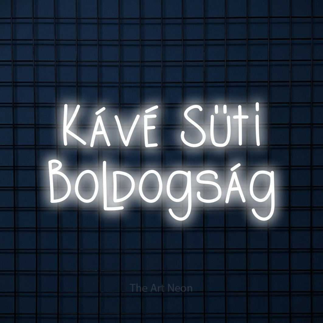 LED neon sign reading “Kávé Süti Boldogság”, arranged in two lines.