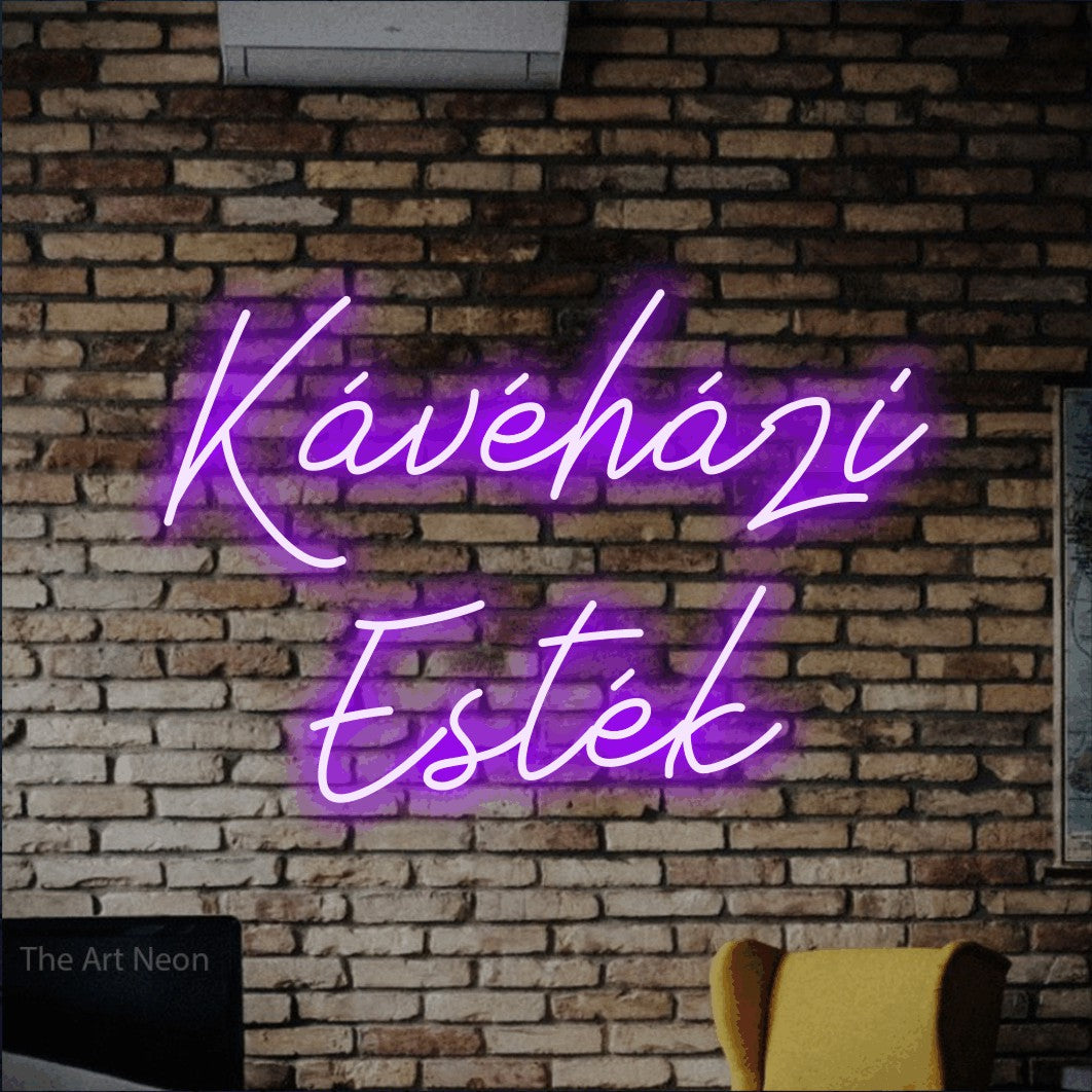 LED neon sign reading “Kávéházi Esték”, arranged in two lines.