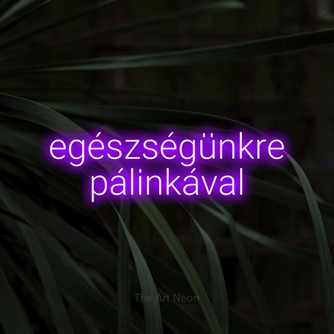 LED neon sign reading “egészségünkre pálinkával”, arranged in two lines.