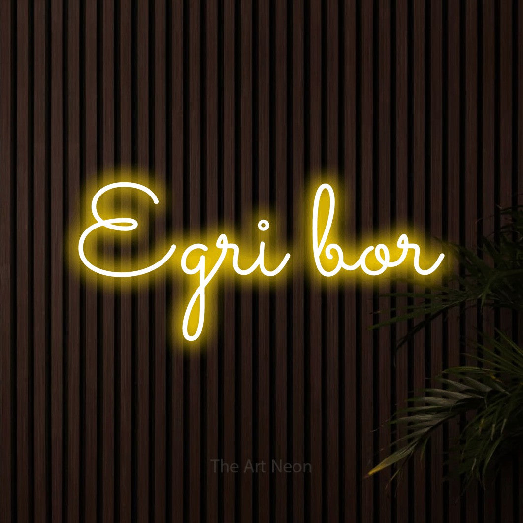 LED neon sign reading “Egri bor”, arranged in a single line.