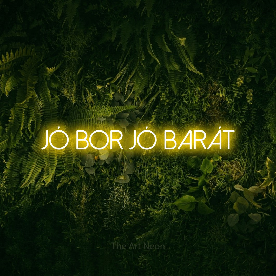 LED neon sign reading “JÓ BOR JÓ BARÁT”, arranged in a single line.