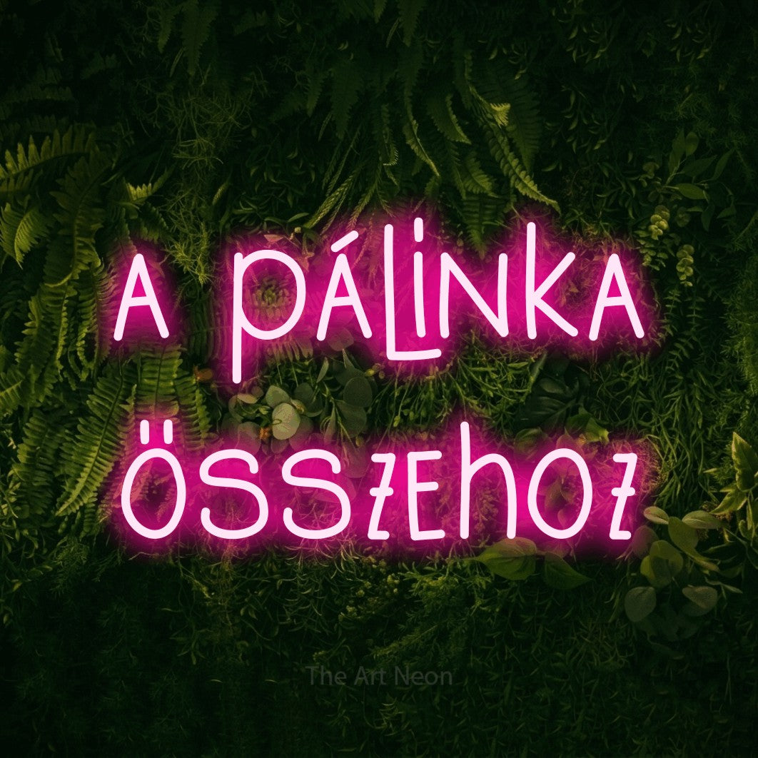 LED neon sign reading “a pálinka összehoz”, arranged in two lines.