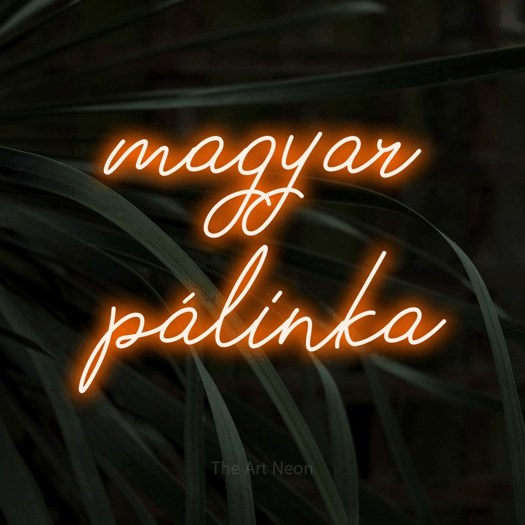 LED neon sign reading “magyar pálinka”, arranged in two lines.