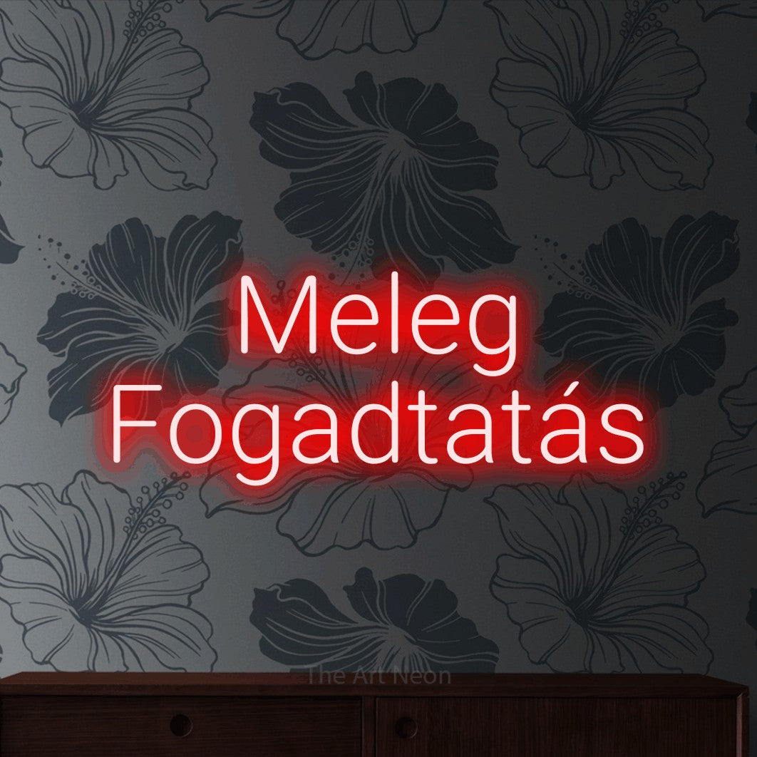 LED neon sign reading “Meleg Fogadtatás”, arranged in two lines.