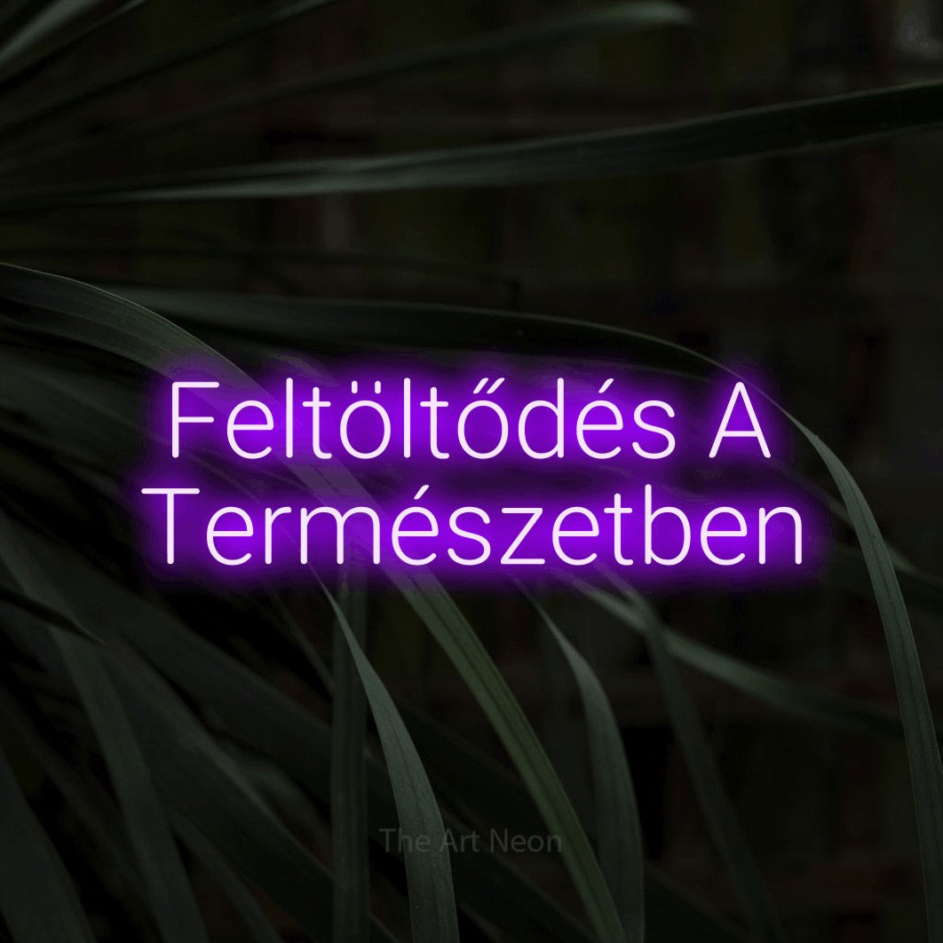LED neon sign reading “Feltöltődés A Természetben”, arranged in two lines.
