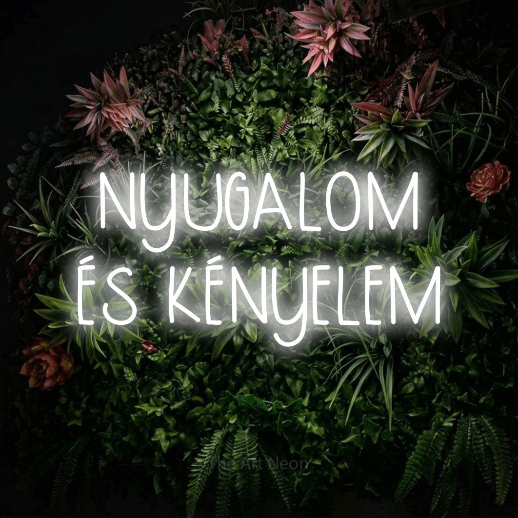 LED neon sign reading “NYUGALOM ÉS KÉNYELEM”, arranged in two lines.