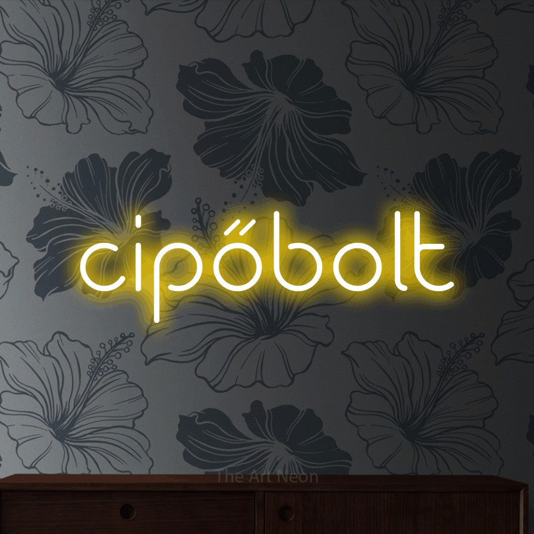 LED neon sign reading “cipőbolt”, arranged in a single line.