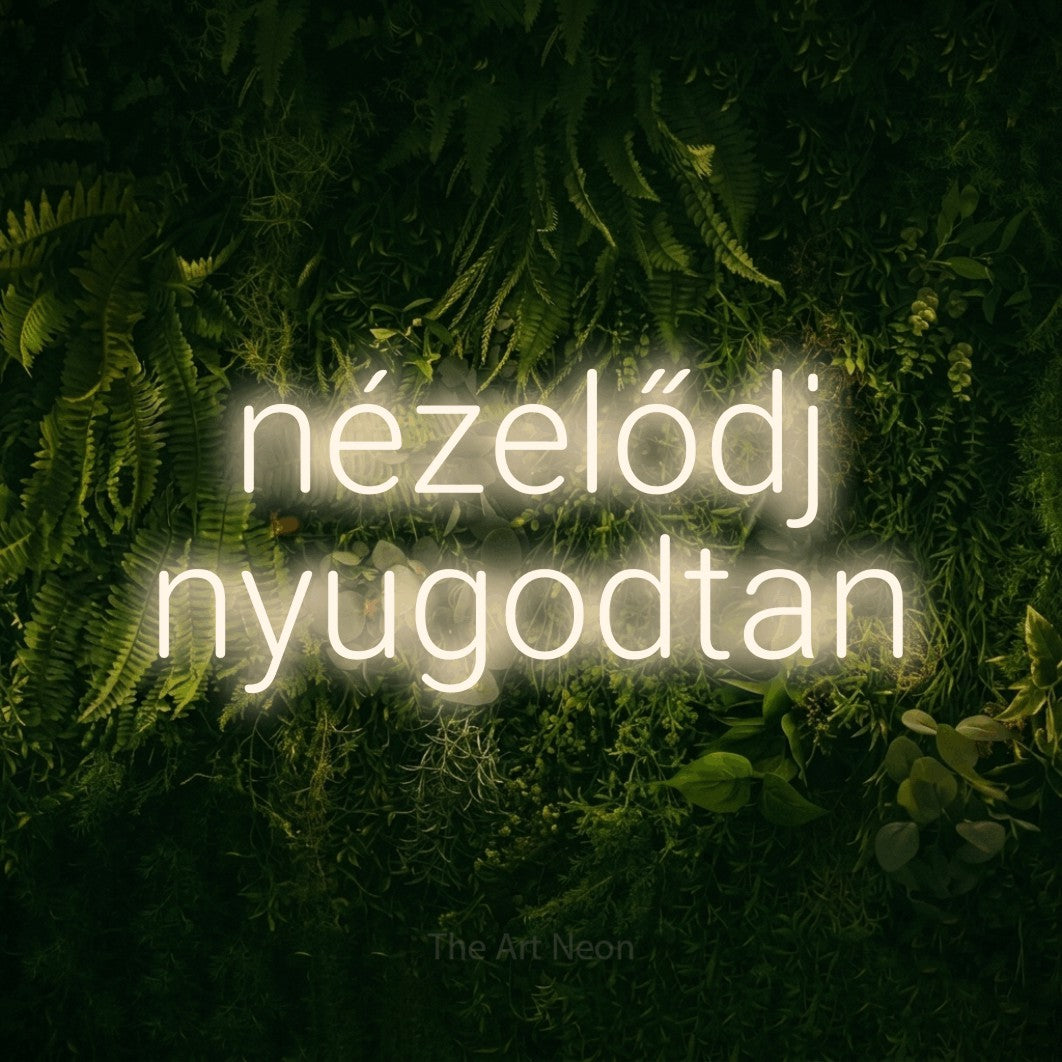 LED neon sign reading “nézelődj nyugodtan”, arranged in two lines.