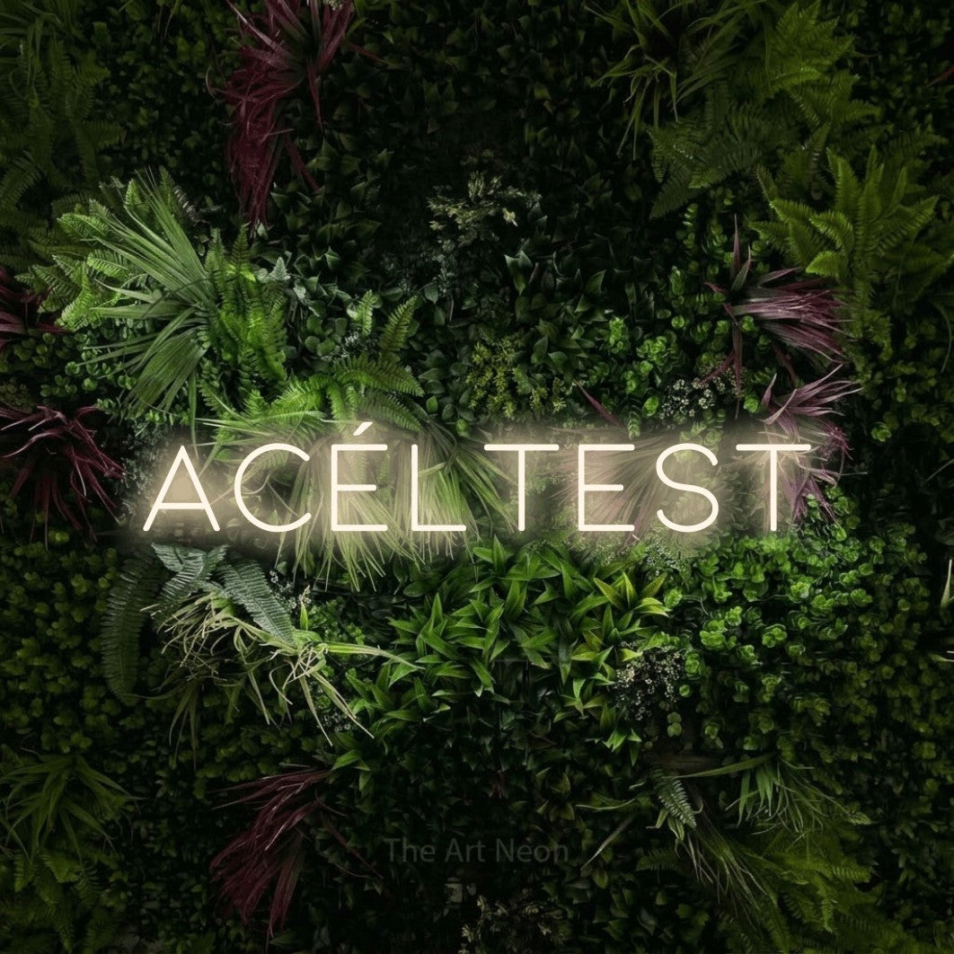 LED neon sign reading “acéltest”, arranged in a single line.
