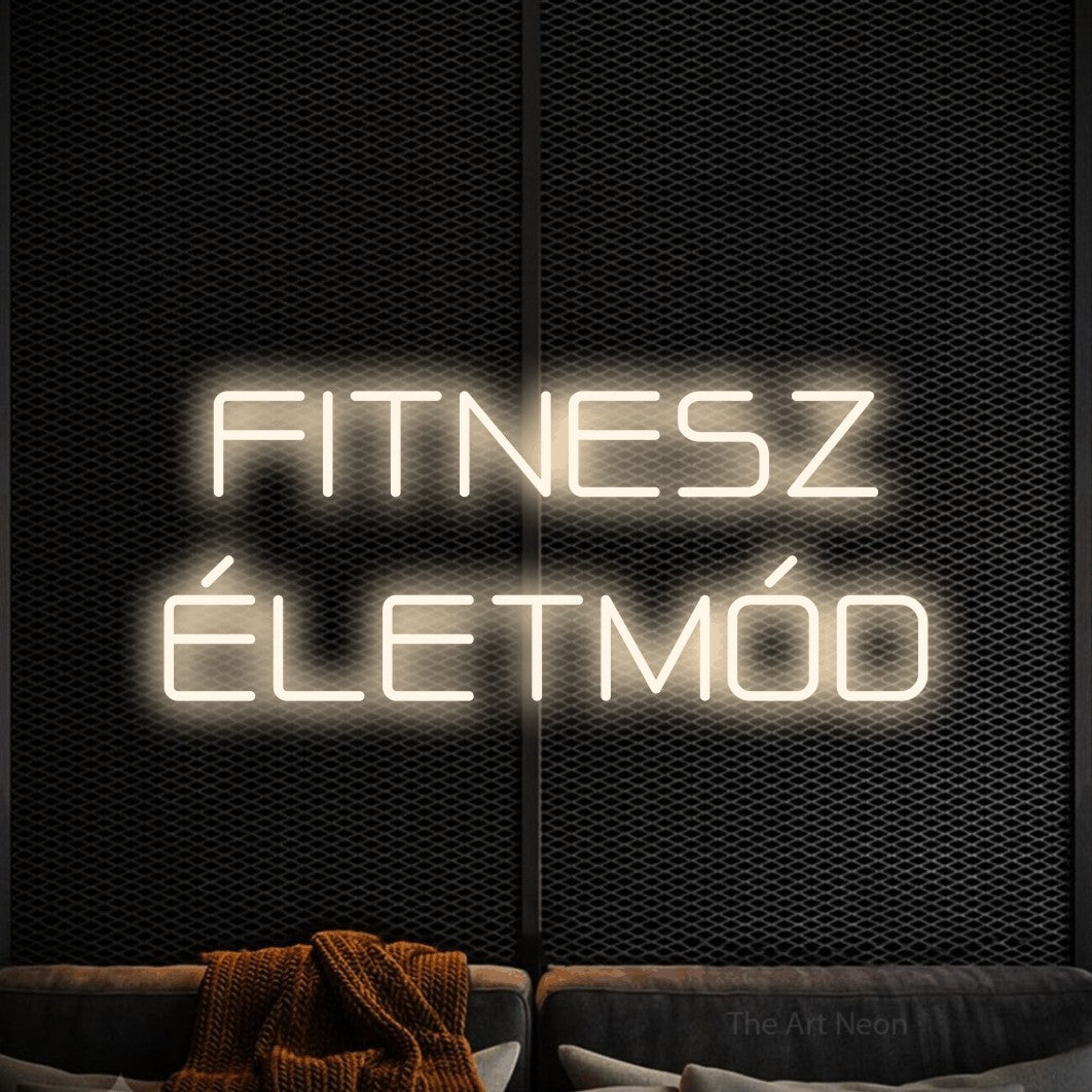 LED neon sign reading “FITNESZ ÉLETMÓD”, arranged in two lines.
