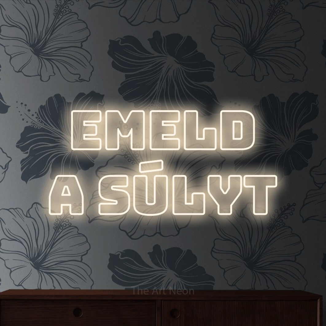 LED neon sign reading “EMELD A SÚLYT”, arranged in two lines.