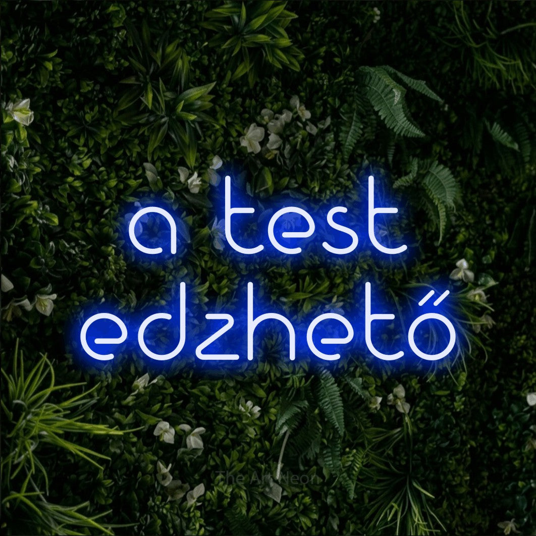 LED neon sign reading “a test edzhető”, arranged in two lines.