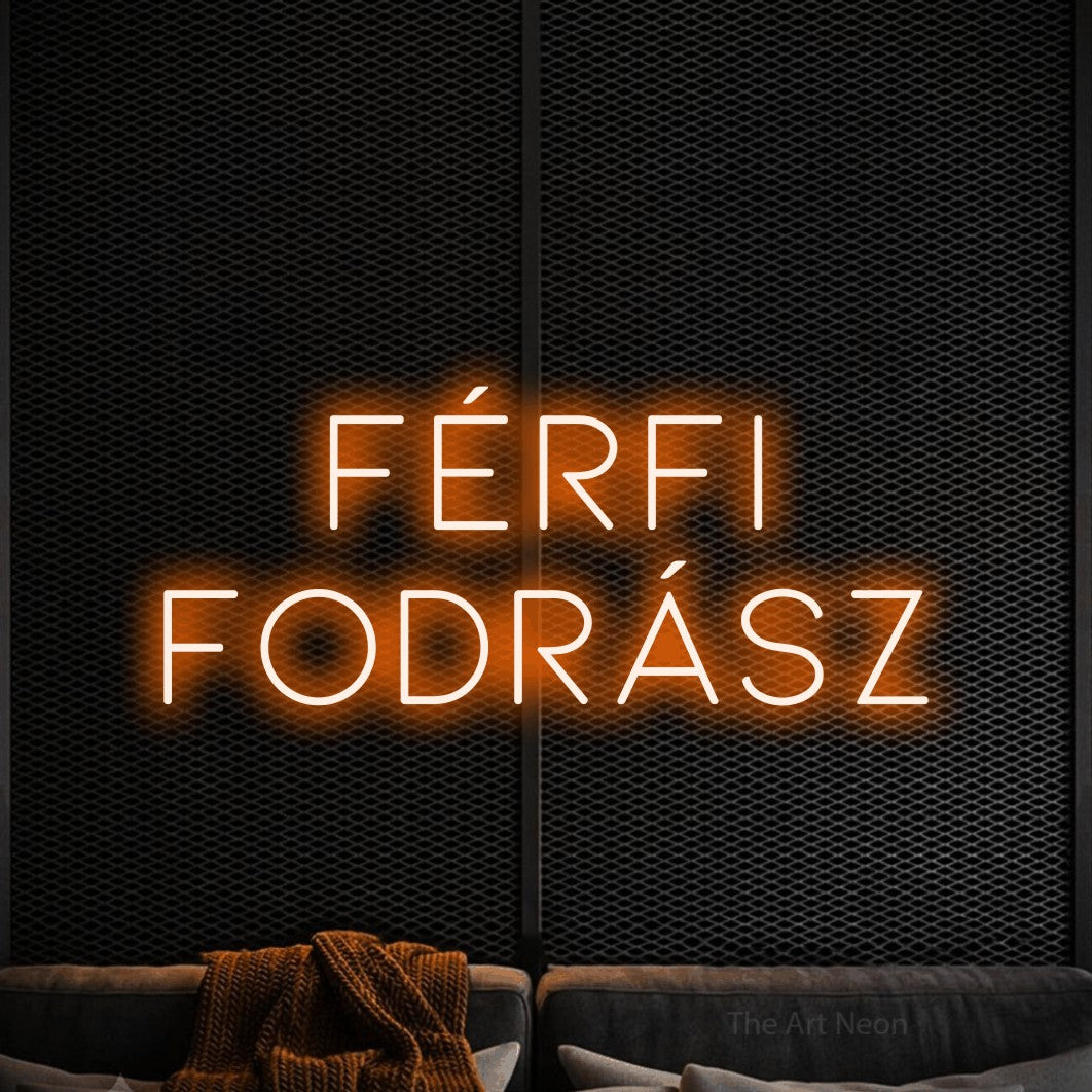 LED neon sign reading “FÉRFI FODRÁSZ”, arranged in two lines.