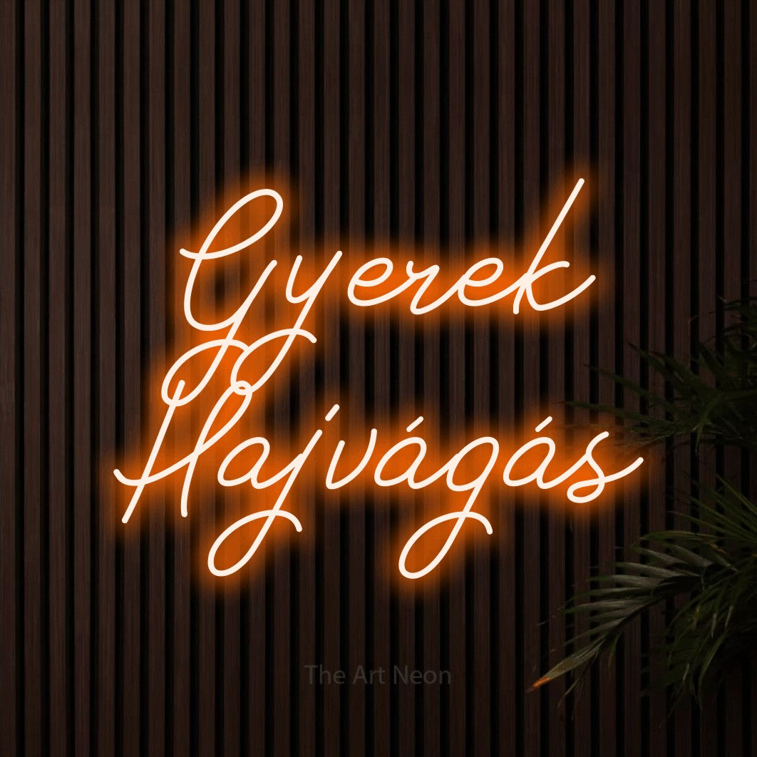 LED neon sign reading “Gyerek Hajvágás”, arranged in two lines.