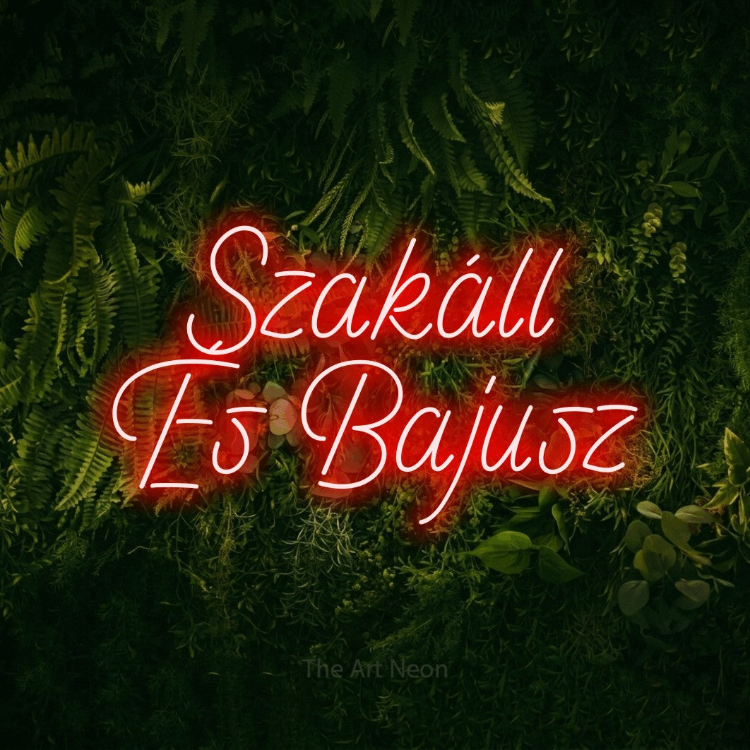 LED neon sign reading “Szakáll És Bajusz”, arranged in two lines.