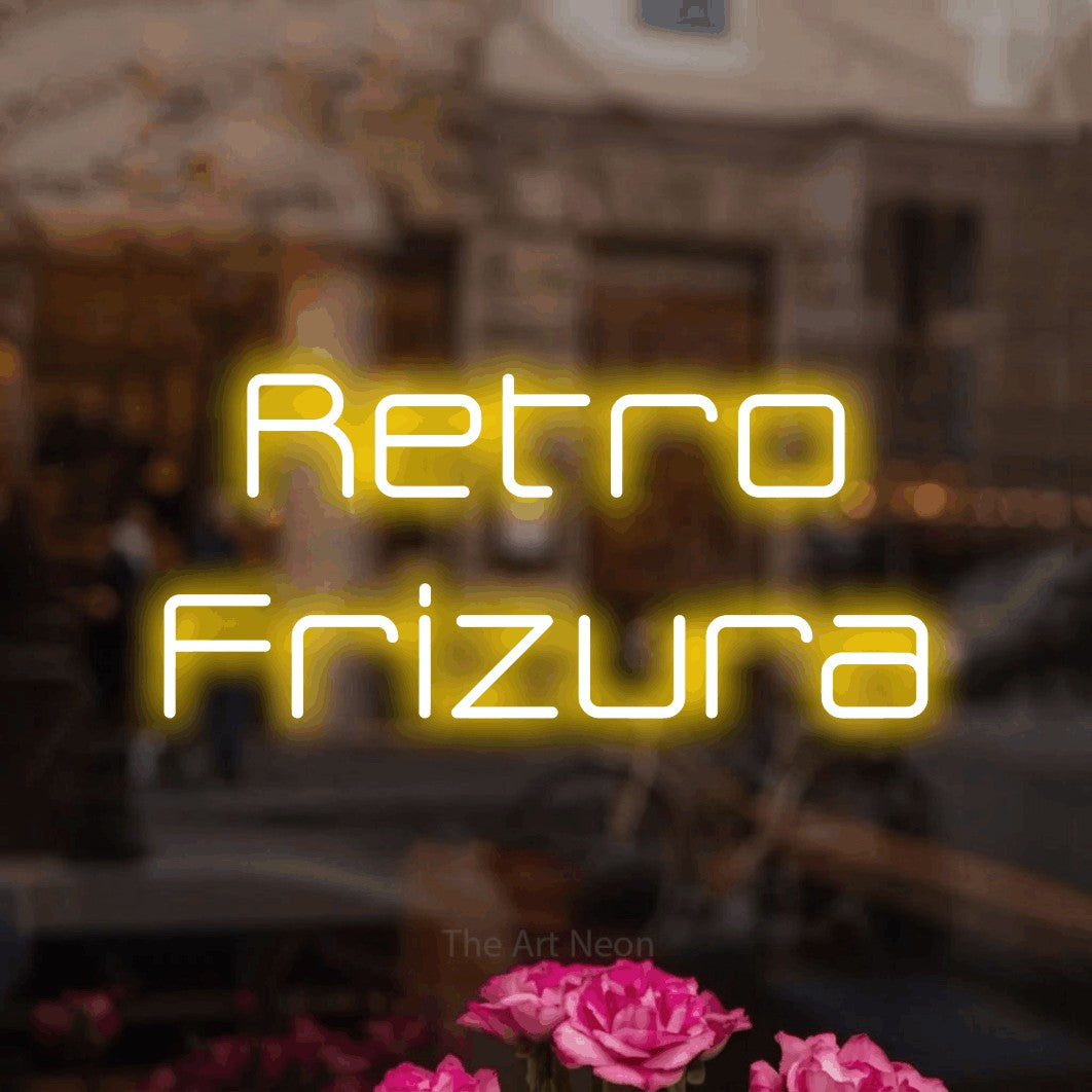 LED neon sign reading “Retro Frizura”, arranged in two lines.