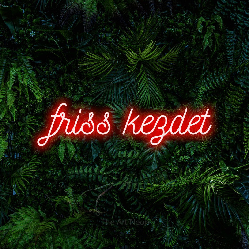 LED neon sign reading “friss kezdet”, arranged in a single line.