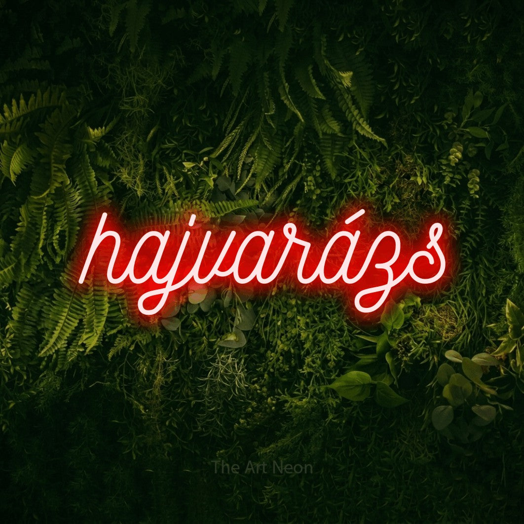 LED neon sign reading “hajvarázs”, arranged in a single line.