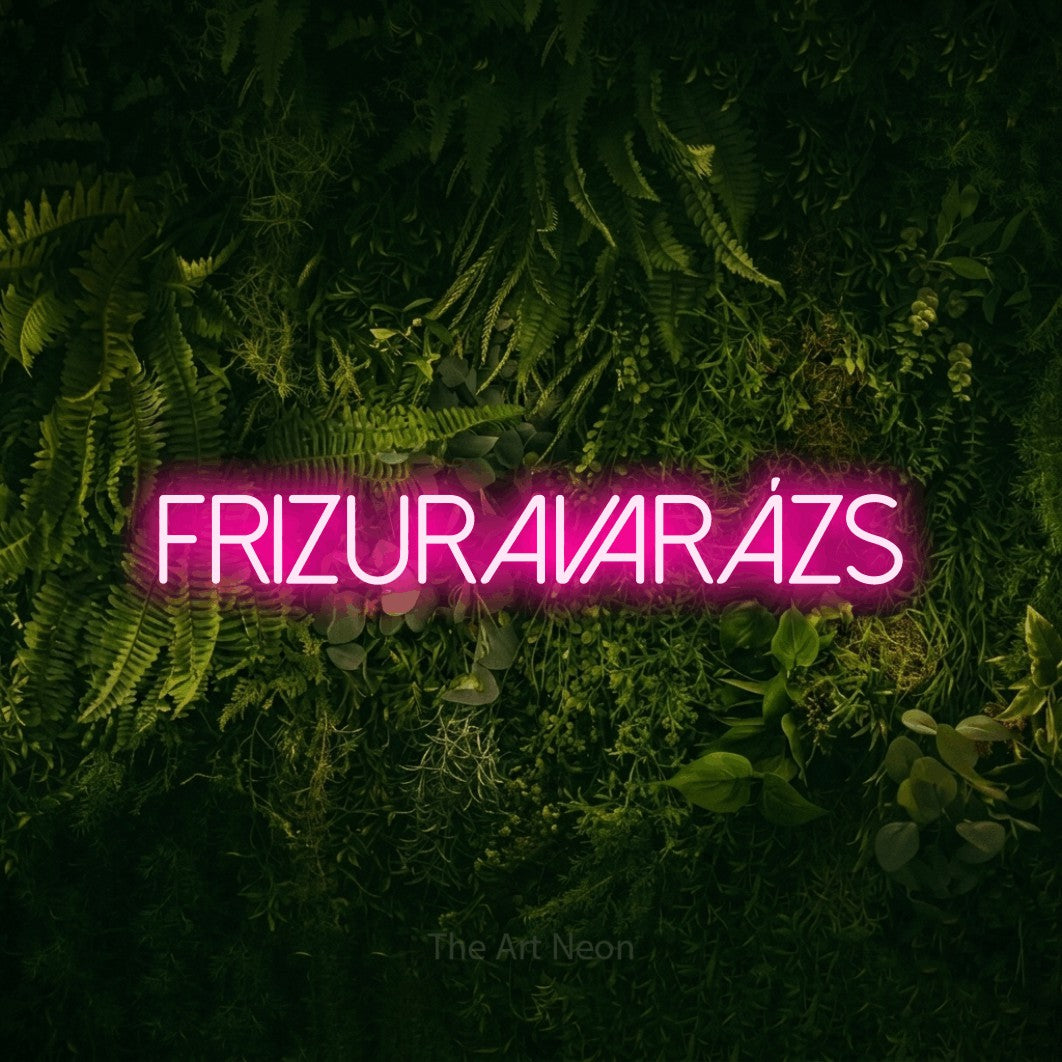 LED neon sign reading “Frizuravarázs”, arranged in a single line.