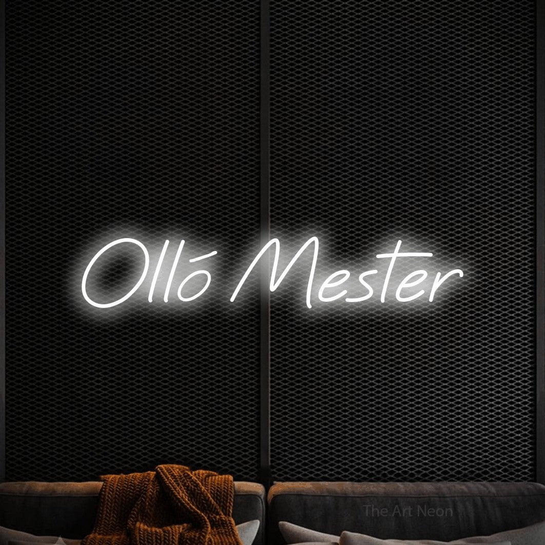 LED neon sign reading “Olló Mester”, arranged in a single line.