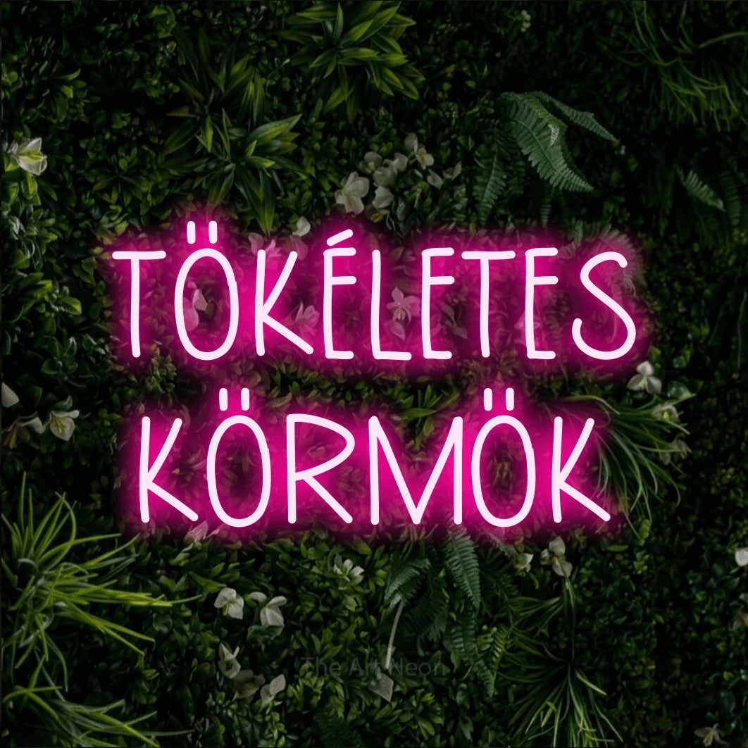 LED neon sign reading “TÖKÉLETES KÖRMÖK”, arranged in two lines.