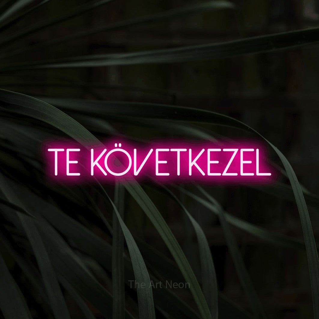 LED neon sign reading “TE KÖVETKEZEL”, arranged in a single line.