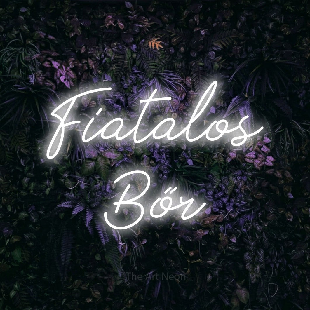 LED neon sign reading “Fiatalos Bőr”, arranged in two lines.