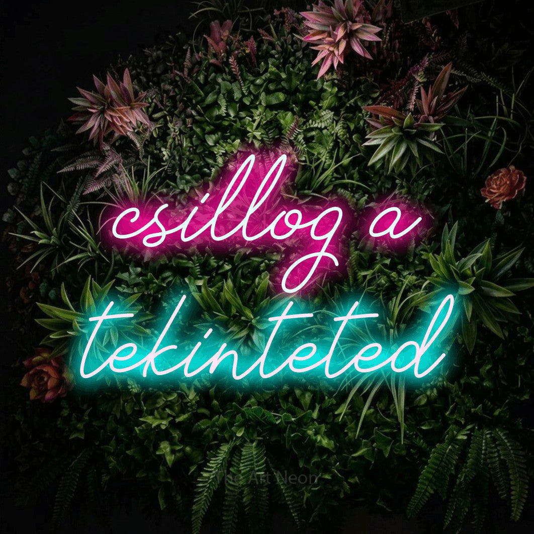 LED neon sign reading “csillog a tekinteted”, arranged in two lines.