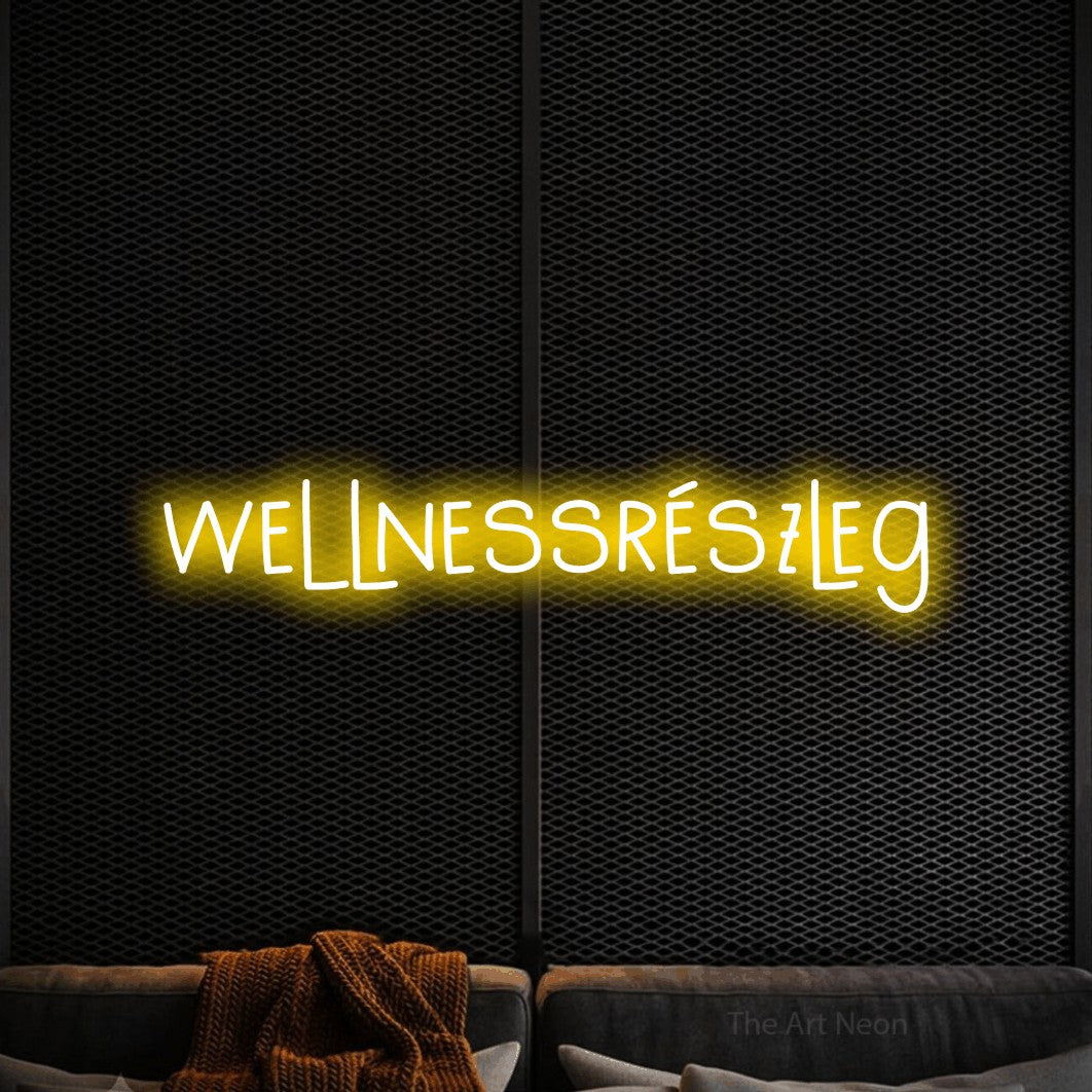 LED neon sign reading “wellnessrészleg”, arranged in a single line.