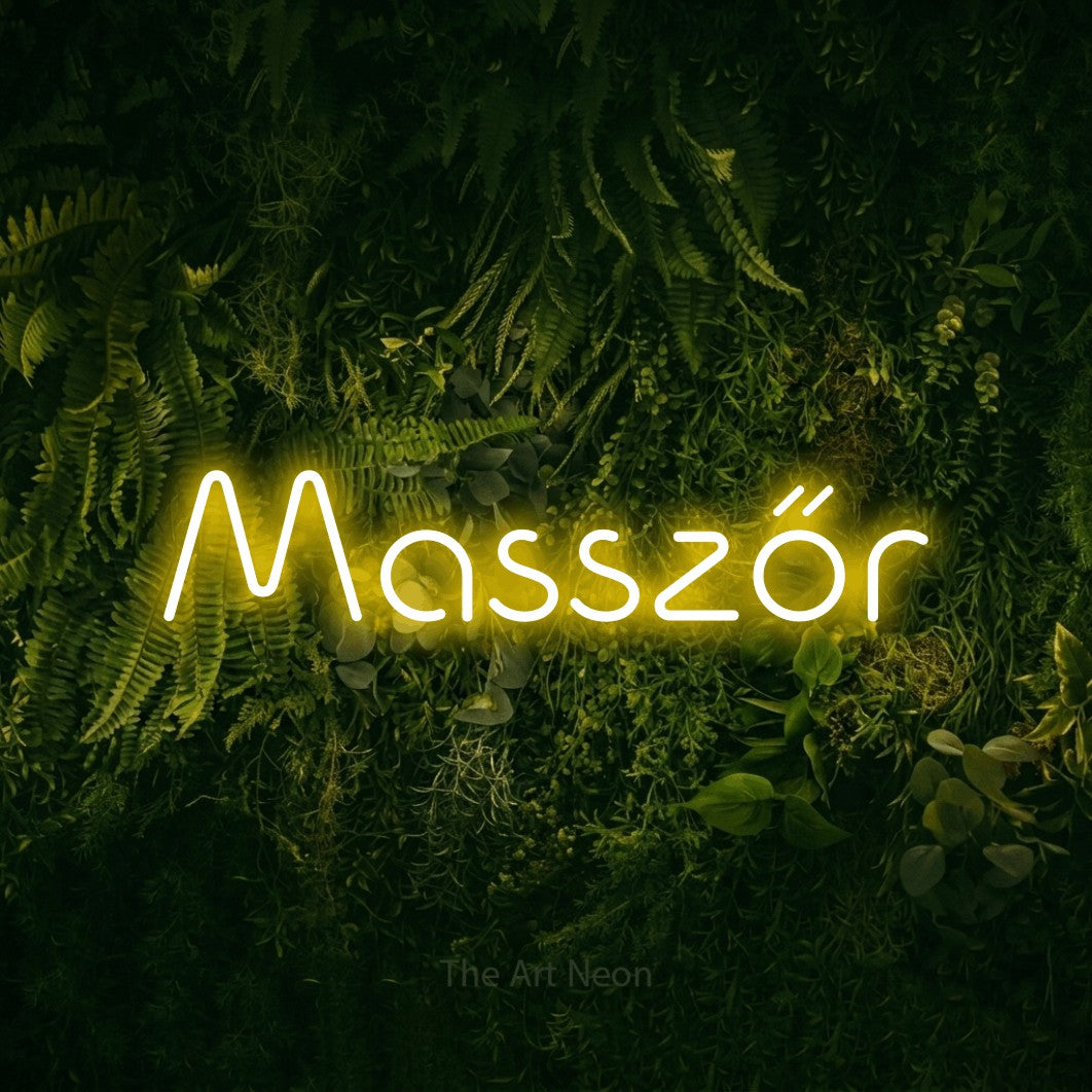 LED neon sign reading “Masszőr”, arranged in a single line.