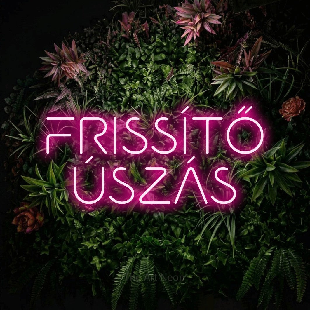 LED neon sign reading “FRISSÍTŐ ÚSZÁS”, arranged in two lines.